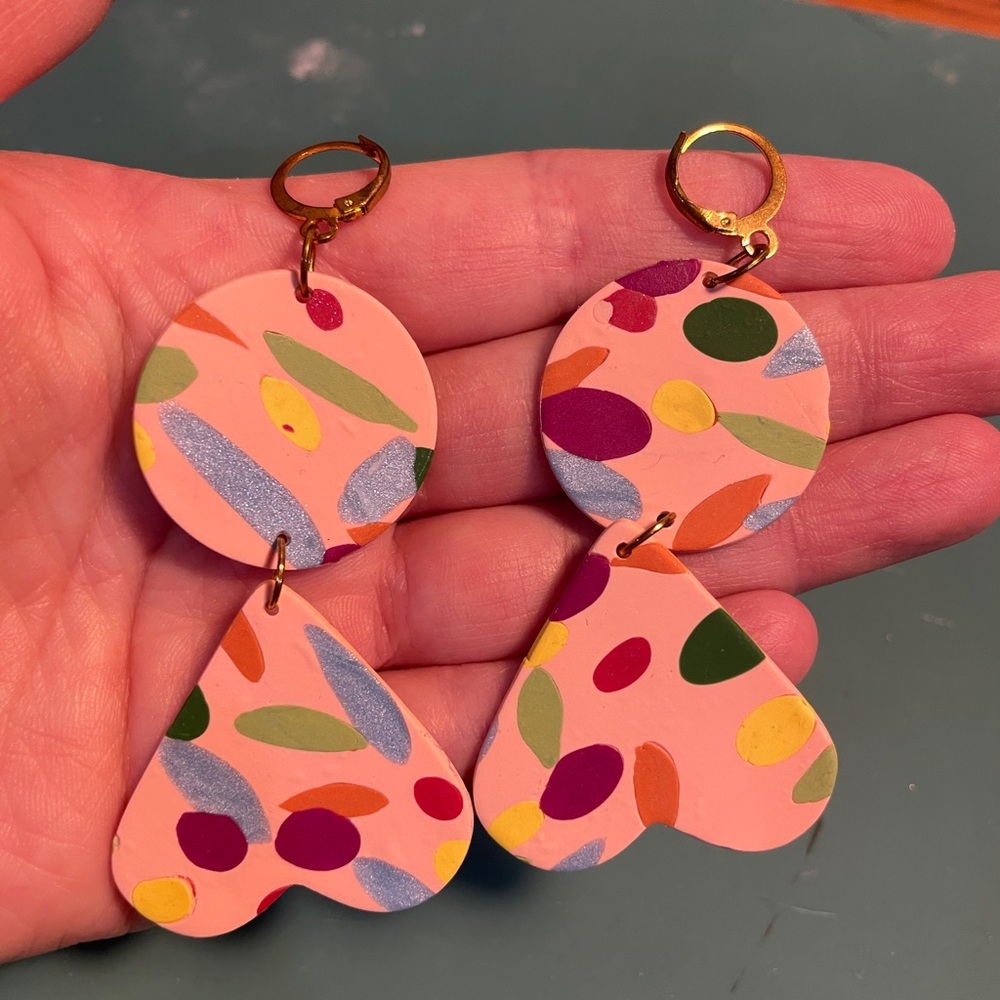 Pink Polymer Clay Confetti Heart Dangle Earrings